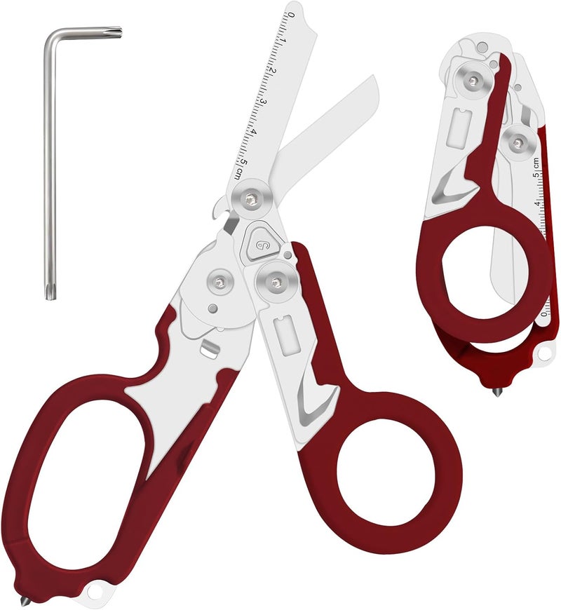 Lemasa 6 in 1 Multifunctional Combination Tool, Folding Retractable Emergency Shears, Outdoor Camping Tools, Seat Belt Cutter, Oxygen Cylinder Wrench, Complimentary Adjustable Wrench (red) - Image 1